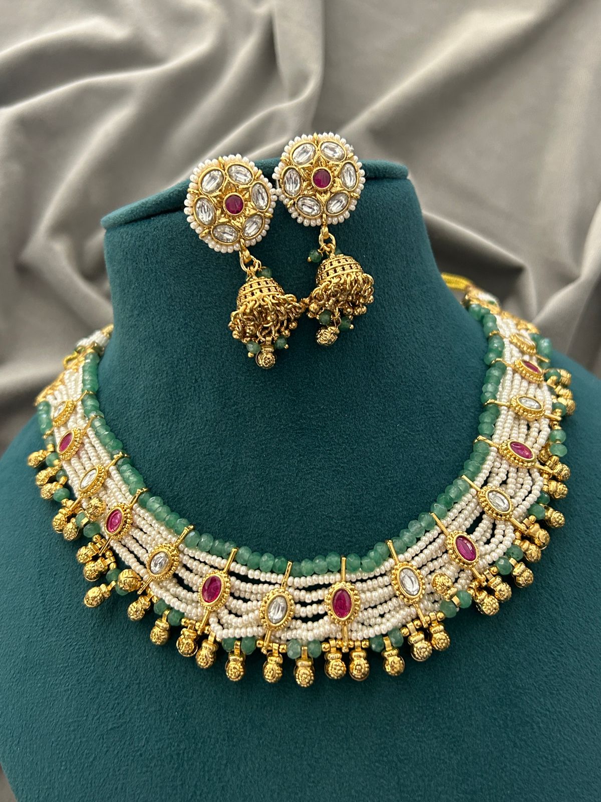 Pearl and Green Beaded Kundan Necklace Set with Jhumka Earrings